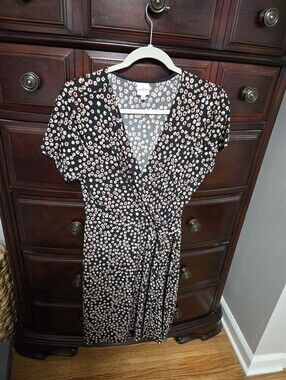 Kaileigh Black Wrap Midi Dress with Pink & Cream Daisy Print